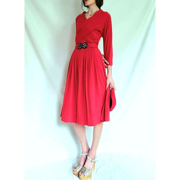 Vintage 1940s Red Wool Dress, Matching Hat, Rhinestone Belt, Women's Small - Picture 16 of 16